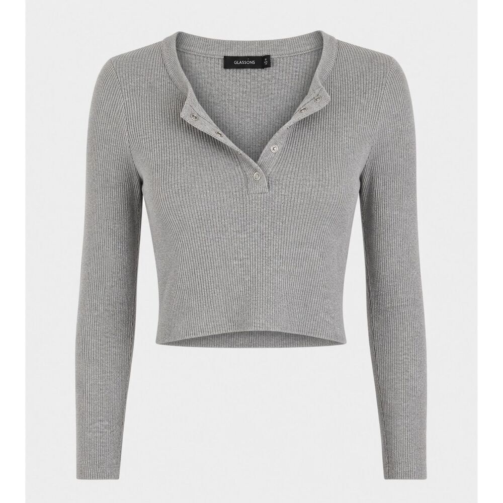 Glassons Cropped Sweater Womens Size M Ribbed Long Sleeve Crop Top Button Gray